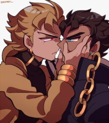 Rule 34 | 2boys, black coat, black hair, black shirt, blonde hair, blue eyes, brown jacket, chain, closed mouth, coat, dio brando, earrings, fingernails, from side, hands on another&#039;s face, imminent kiss, jacket, jewelry, jojo no kimyou na bouken, kotorai, kuujou joutarou, male focus, multiple boys, red eyes, sharp fingernails, shirt, signature, simple background, thick eyebrows, upper body, v-shaped eyebrows, white background, yaoi