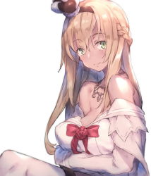 Rule 34 | 10s, 1girl, bare shoulders, blonde hair, braid, breast hold, breasts, collarbone, crown, detached sleeves, dress, flower, french braid, from side, green eyes, hair between eyes, hairband, jewelry, kantai collection, large breasts, long hair, long sleeves, midriff, mini crown, necklace, off shoulder, red flower, red rose, redcomet, ribbon, rose, sitting, smile, solo, thighhighs, warspite (kancolle), white dress, white thighhighs