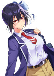 Rule 34 | 1girl, belt, blue hair, blue jacket, blue ribbon, blush, breasts, collared shirt, commentary request, dress shirt, eyebrows, hair ribbon, huyumitsu, jacket, large breasts, long sleeves, looking at viewer, necktie, nisekoi, pants, red eyes, red necktie, ribbon, shirt, shirt tucked in, short hair, short necktie, simple background, solo, standing, tsugumi seishirou, upper body, weapon, white background, white shirt