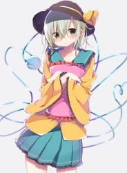 Rule 34 | 1girl, absurdres, aqua hair, bad id, bad pixiv id, blouse, contrapposto, cowboy shot, green eyes, grey background, hat, head tilt, heart, heart of string, highres, hugging object, kayahara, komeiji koishi, long sleeves, looking at viewer, parted lips, pillow, pillow hug, shirt, short hair, simple background, skirt, solo, standing, third eye, touhou