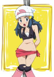 Rule 34 | 1girl, :o, absurdres, beanie, black shirt, blue eyes, blue hair, bound, bound wrists, creatures (company), dawn (pokemon), frown, game freak, hainchu, hat, highres, knees together feet apart, long hair, navel, nintendo, open mouth, pokemon, pokemon (anime), restrained, shirt, solo, stomach, tied shirt, tied up (nonsexual), white hat