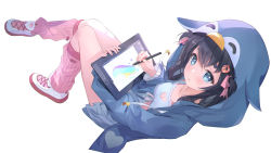 Rule 34 | 1girl, absurdres, bird, black hair, blue eyes, breasts, character request, cleavage, cleavage cutout, clothing cutout, copyright request, hair ornament, hair ribbon, highres, holding, holding pen, long sleeves, looking at viewer, open mouth, parted lips, pen, penguin, pink ribbon, ribbon, shoes, sitting, skirt, socks, somna, virtual youtuber