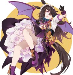 Rule 34 | 1girl, :d, absurdres, animal ears, black gloves, boots, border, bow, bowtie, brown hair, demon wings, dress, eyepatch, frills, gloves, halloween, highres, horse ears, horse girl, horse tail, kirschma, long hair, looking at viewer, open mouth, purple bow, purple bowtie, purple eyes, purple footwear, rice shower (make up vampire!) (umamusume), rice shower (umamusume), short sleeves, simple background, smile, solo, tail, umamusume, white border, wings, yellow background
