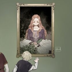 Rule 34 | 1boy, 1girl, aged down, artist name, black vest, blonde hair, brother and sister, child, commentary, dress, dungeon meshi, english commentary, facing away, falin touden, from behind, green background, green eyes, herb, highres, holding hands, laios touden, layered sleeves, long hair, long sleeves, mother and daughter, mother and son, mrs. touden, out of frame, painting (object), parted bangs, picture frame, portrait (object), purple dress, red tunic, shawl, short hair, short over long sleeves, short sleeves, siblings, simple background, smile, squarecloud7310, symbolism, upper body, vest