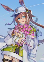 Rule 34 | 1girl, alternate costume, amiya (arknights), animal ears, arknights, ass, baseball cap, blue eyes, blue sky, bouquet, brown hair, character name, commentary, contrail, cowboy shot, dress, flower, green dress, hat, highres, holding, holding bouquet, hood, hooded jacket, jacket, jewelry, layered dress, long hair, long sleeves, looking at viewer, maealgae1, mixed-language commentary, multiple rings, open mouth, pink flower, pouch, rabbit ears, rabbit girl, ring, sidelocks, sky, smile, solo, thigh pouch, thigh strap, tulip, very long hair, white background, white dress, white hat