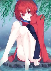 Rule 34 | 1girl, :d, absurdres, bare legs, barefoot, black shirt, blue bow, bow, breasts, cape, cloak, donnon08, hair bow, high collar, highres, knees together feet apart, knees up, long sleeves, looking at viewer, medium breasts, miniskirt, open mouth, outdoors, red cape, red cloak, red eyes, red hair, red skirt, ripples, sekibanki, shirt, short hair, sitting, skirt, smile, soaking feet, solo, thighs, touhou, water
