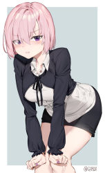 Rule 34 | 1girl, absurdres, alternate costume, black jacket, black ribbon, black skirt, blush, breasts, commentary request, dress shirt, eyes visible through hair, fate/grand order, fate (series), fingernails, garin, grey background, hair over one eye, highres, jacket, leaning forward, long sleeves, looking at viewer, mash kyrielight, medium breasts, nail polish, neck ribbon, parted lips, purple eyes, purple nails, ribbon, shirt, short hair, skirt, solo, twitter username, two-tone background, white background, white shirt