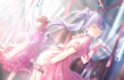 Rule 34 | 2girls, ;o, blowing kiss, bow, breasts, cerise bouquet, dress, dress bow, earrings, flower earrings, frilled dress, frills, game cg, gloves, green eyes, hair bun, high heels, highres, hinoshita kaho, holding, holding microphone, jewelry, leaning forward, link! like! love live!, long hair, looking at viewer, love live!, medium breasts, medium hair, microphone, multiple girls, official art, one eye closed, open mouth, orange hair, otomune kozue, pink dress, pink footwear, pink gloves, puckered lips, puffy short sleeves, puffy sleeves, purple hair, reflection in the mirror (love live!), short sleeves, side ponytail, sidelocks, single side bun, stage, stage curtains, standing, standing on one leg, third-party source