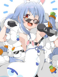 Rule 34 | 1girl, absurdres, animal ear fluff, animal ears, black gloves, blue hair, braid, breasts, carrot hair ornament, commentary request, detached sleeves, don-chan (usada pekora), extra ears, food-themed hair ornament, gloves, grey hair, hair ornament, hands up, highres, holding, holding microphone, hololive, long hair, looking ahead, microphone, multicolored hair, one eye closed, open mouth, orange eyes, rabbit ears, short eyebrows, sideboob, simple background, small breasts, smile, solo, teeth, thick eyebrows, tongue, twin braids, two-tone hair, upper body, upper teeth only, usada pekora, very long hair, virtual youtuber, white background, yunon oto mad