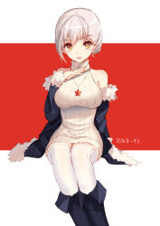 Rule 34 | 1girl, absurdres, arm support, bare shoulders, bison cangshu, boots, dress, fur trim, girls&#039; frontline, grey hair, halterneck, highres, jacket, looking at viewer, off shoulder, personification, rmb-93, rmb-93 (girls&#039; frontline), short hair, simple background, sitting, sleeveless, sleeveless sweater, sleeveless turtleneck, solo, sweater, sweater dress, thighhighs, turtleneck, white thighhighs, yellow eyes