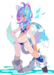 Rule 34 | 1girl, ahoge, amakusa (hidorozoa), animal ears, bad id, bad twitter id, bare shoulders, bikini, black bikini, blue eyes, blue hair, blue scarf, blue socks, bracelet, brown footwear, cat ears, cat tail, commentary request, contrapposto, flat chest, hair ornament, hairclip, hand on own hip, jewelry, mouth hold, multiple tails, navel, nekomata, original, scarf, shoes, side-tie bikini bottom, simple background, socks, solo, standing, swimsuit, tail, two tails, white background