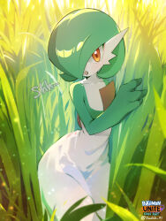 Rule 34 | 1other, :o, blurry, collarbone, colored skin, commentary request, copyright name, creatures (company), day, finger to mouth, game freak, gardevoir, gen 3 pokemon, grass, hand up, highres, looking at viewer, nintendo, open mouth, orange eyes, outdoors, pokemon, pokemon unite, shushing, suahh, tall grass, twitter username, white skin