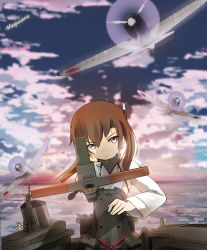 Rule 34 | 10s, 1girl, a6m zero, aiming, aiming at viewer, bad id, bad pixiv id, bow (weapon), cloud, crossbow, glaring, highres, kantai collection, magicians (zhkahogigzkh), ocean, red sun, rising sun flag, solo, sunburst, taihou (kancolle), turret, weapon