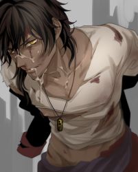 Rule 34 | 10s, 1boy, blood, blood on clothes, cum, cum on body, dark skin, dirty, facial, jewelry, male focus, necklace, ookurikara, solo, torn clothes, touken ranbu, upper body, yellow eyes
