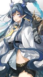 Rule 34 | 1girl, andou yuna, arknights, black shorts, blue eyes, blue hair, coat, dragon girl, dragon horns, highres, horns, ling (arknights), long hair, looking at viewer, midriff, multicolored hair, navel, necktie, open clothes, open coat, open mouth, pointy ears, shirt, shorts, smile, solo, strapless, strapless shirt, streaked hair, two-tone hair, white coat, yellow necktie