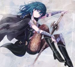 Rule 34 | 1girl, armlet, armor, blue hair, bodice, boots, breasts, brown pantyhose, bustier, byleth (female) (fire emblem), byleth (fire emblem), clothing cutout, coat, dagger, fire emblem, fire emblem: three houses, hair between eyes, high heel boots, high heels, highres, knee pads, knife, pantyhose under shorts, medium breasts, navel cutout, nintendo, norimaki (nrmk norinori), pantyhose, pantyhose under shorts, patterned legwear, purple eyes, short sleeves, shorts, shoulder armor, single knee pad, solo, sword of the creator, tassel, turtleneck, vambraces, waist cape, weapon