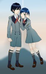 Rule 34 | 10s, 1boy, 1girl, black hair, blue hair, brown footwear, couple, darling in the franxx, green eyes, hand on another&#039;s face, hand on another&#039;s shoulder, highres, hiro (darling in the franxx), ichigo (darling in the franxx), morning glory0328, necktie, red neckwear, shoes, socks