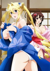 Rule 34 | 2girls, :d, absurdres, ahoge, angry, ass, black hair, blonde hair, blue eyes, blush, bow, bow panties, breasts, brown hair, cleavage, drill hair, embarrassed, floral print, flower, from behind, hair flower, hair intakes, hair ornament, highres, japanese clothes, jewelry, kimono, large breasts, legs, long hair, looking back, multiple girls, musubi, nagamachi hideki, no bra, nyantype, off shoulder, official art, open clothes, open mouth, orange eyes, panties, pantyshot, scan, sekirei, sideboob, smile, thighs, tsukiumi, twintails, underwear, undressing, very long hair, white panties, yukata