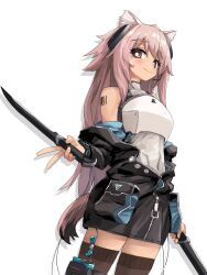 Rule 34 | 1girl, animal ears, arknights, arm tattoo, armor, barcode, barcode tattoo, black jacket, breastplate, brown thighhighs, closed mouth, covered navel, dual wielding, earpiece, gravel (arknights), headset, highres, holding, holding weapon, jacket, long hair, looking at viewer, off shoulder, pink hair, prairie dog ears, prairie dog girl, prairie dog tail, red eyes, shoulder tattoo, simple background, solo, sword, tail, tattoo, thighhighs, very long hair, weapon, white background, yachima tana
