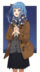 Rule 34 | 1girl, :d, alternate costume, black skirt, blue hair, blunt bangs, border, breath, brown eyes, brown jacket, buttons, cardigan, grey cardigan, hair ornament, hair scrunchie, highres, jacket, kotonoha aoi, long hair, long sleeves, looking up, minatsuki (m1natsuk1), mountainous horizon, night, night sky, open mouth, outside border, own hands together, pleated skirt, pocket, scrunchie, sidelocks, skirt, sky, smile, solo, standing, star (sky), starry sky, voiceroid, white border, white scrunchie