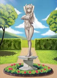 Rule 34 | 1girl, absurdres, arms behind head, arms up, breasts, cloud, demon girl, demon horns, flower, garden, grass, hedge, highres, hololive, horns, large breasts, long hair, looking at viewer, navel, pedestal, petrification, rose, saikunartworks, standing, statue, sunlight, swimsuit, tree, virtual youtuber, yuzuki choco