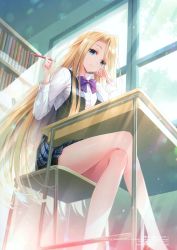 Rule 34 | 1girl, absurdres, an2a, blonde hair, blue eyes, book, bookshelf, bow, bowtie, breasts, buttons, closed mouth, copyright name, crossed legs, day, desk, fingernails, hand up, highres, holding, holding pen, indoors, light particles, long hair, long sleeves, looking at viewer, medium breasts, pen, pleated skirt, scan, school desk, school uniform, shiny skin, shirt, sitting, skirt, smile, solo, white shirt, window
