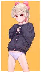 Rule 34 | 1girl, alternate costume, black cardigan, blonde hair, blue panties, border, bow, cardigan, closed mouth, commentary request, hair bow, highres, looking at viewer, makaino ririmu, nijisanji, no pants, orange background, outside border, panties, pink bow, pointy ears, red eyes, sabamen, sleeves past wrists, solo, underwear, upper body, virtual youtuber, white border