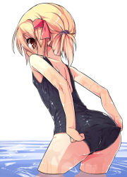 Rule 34 | 1girl, adjusting clothes, adjusting swimsuit, ass, black one-piece swimsuit, blonde hair, blush, female focus, hair ribbon, looking back, one-piece swimsuit, ponytail, red eyes, revision, ribbon, rumia, school swimsuit, shamo (koumakantv), short hair, simple background, swimsuit, tan, touhou, water, wet, wet clothes, white background