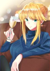 Rule 34 | 1girl, absurdres, ahoge, alcohol, aqua nails, artoria pendragon (fate), artoria pendragon (lancer) (fate), bad id, bad pixiv id, blonde hair, blue sweater, blurry, bokeh, braid, braided bun, champagne, commentary request, crown braid, cup, depth of field, drinking glass, earrings, elbow rest, eyes visible through hair, fate/grand order, fate (series), glint, green eyes, hair bun, highres, holding, holding cup, jewelry, koujiro (kouziro 1), light smile, long sleeves, nail polish, necklace, ribbed sweater, short hair, sidelocks, sitting, solo, sweater, turtleneck, turtleneck sweater, twintails