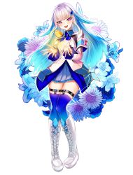 Rule 34 | 1girl, animal, animal on shoulder, bird, bird on shoulder, black thighhighs, blue flower, blue hair, blush, boots, colored inner hair, cross-laced footwear, flower, grey hair, highres, jacket, kagu (a hazy moon), lace-up boots, lize helesta, looking at viewer, multicolored hair, nijisanji, open hands, purple eyes, smile, solo, thighhighs, virtual youtuber, white background, white footwear, white jacket
