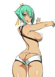 Rule 34 | 10s, 1girl, aquarion (series), aquarion evol, ass, ass cutout, bare shoulders, bikini, breasts, butt crack, clothing cutout, fang, from behind, green hair, large breasts, looking back, open mouth, poin (hidsuki), purple eyes, revealing clothes, short hair, short shorts, shorts, sideboob, simple background, solo, swimsuit, white background, zessica wong