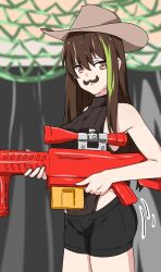 Rule 34 | 1girl, ass shake, breasts, brown hair, commentary, cowboy hat, english commentary, fake facial hair, fake mustache, girls&#039; frontline, hat, highres, i need more bullets (meme), long hair, m4a1 (girls&#039; frontline), medium breasts, multicolored hair, nerf gun, scope, short shorts, shorts, sideboob, solo, streaked hair, vanna