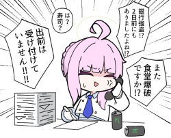 Rule 34 | 1girl, :d, ahoge, anger vein, blue archive, blue necktie, braid, can, chibi, closed eyes, collared shirt, commentary request, emphasis lines, energy drink, gloves, halo, holding, holding phone, kaya (blue archive), long sleeves, monster energy, necktie, nyaru (nyaru 4126), open mouth, phone, pink hair, shirt, sidelocks, simple background, smile, solo, sweat, translation request, upper body, white background, white gloves, white shirt