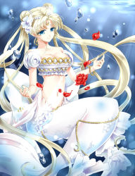 Rule 34 | 1girl, bare shoulders, bead bracelet, beads, bishoujo senshi sailor moon, blonde hair, blue eyes, bow, bracelet, breasts, cleavage, crescent, crescent facial mark, double bun, facial mark, flower, forehead mark, gradient background, hair beads, hair bun, hair flower, hair ornament, hairpin, jewelry, long hair, mermaid, monster girl, petals, princess serenity, red flower, red rose, rose, shirataki kaiseki, smile, solo, tsukino usagi, twintails, underwater, white bow