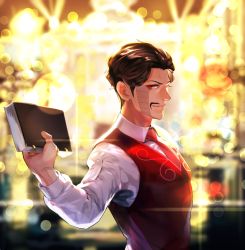 Rule 34 | 1boy, blurry, blurry background, book, brown hair, closed mouth, collared shirt, daniel j. d&#039;arby, facial hair, formal, holding, holding book, jojo no kimyou na bouken, long sleeves, looking at viewer, mustache, necktie, red eyes, red necktie, red vest, shirt, short hair, smile, solo, stardust crusaders, vest, white shirt, zouhyou (at4190)