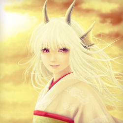 Rule 34 | 1girl, animal ears, bad id, bad pixiv id, blurry, cloud, depth of field, dragon, dragon ears, dragon girl, fins, flat chest, head fins, horns, japanese clothes, kimono, lips, long hair, looking at viewer, monster girl, nori (neun leben), original, pale skin, parted lips, red eyes, sky, smile, solo, sunset, upper body, white hair, wind, yellow theme