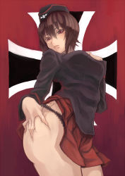 Rule 34 | 10s, 1girl, adjusting clothes, adjusting panties, ass, black jacket, black panties, brown eyes, brown hair, clothes lift, cowboy shot, cross, emblem, garrison cap, girls und panzer, hand on own hip, hand on own chest, hat, highres, iron cross, jacket, jinguuji (jinguji443), lace, lace-trimmed panties, lace trim, long sleeves, looking at viewer, military, military uniform, miniskirt, nishizumi maho, panties, pleated skirt, red skirt, self exposure, short hair, skirt, skirt lift, solo, standing, underwear, uniform