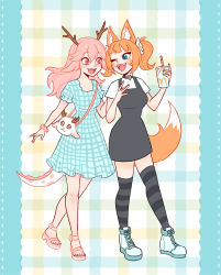 Rule 34 | 2girls, absurdres, animal ears, antlers, bag, blue eyes, breasts, choker, cowell, cup, disposable cup, dragon girl, dragon horns, dragon tail, fox daya, fox ears, fox girl, fox tail, foxdaya (artist), hand on back, handbag, heart, highres, horns, indie virtual youtuber, looking at another, mcdonald&#039;s, multiple girls, orange hair, pale skin, pink eyes, pink hair, sharp teeth, smile, striped clothes, striped legwear, striped thighhighs, tail, teeth, thighhighs, virtual youtuber