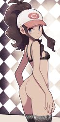Rule 34 | 1girl, ass, back, bare shoulders, baseball cap, black bra, blue eyes, bottomless, bra, breasts, brown hair, checkered background, creatures (company), curly hair, from side, game freak, hat, high ponytail, highres, hilda (pokemon), lamb-oic029, long hair, looking at viewer, looking to the side, nintendo, outline, parted lips, pokemon, pokemon bw, sideboob, sidelocks, sideways glance, small breasts, solo, thighhighs, underwear, white outline