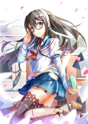 Rule 34 | 10s, 1girl, adjusting eyewear, black hair, blue eyes, book, from side, glasses, hairband, highres, himonoata, hip vent, kantai collection, long hair, ooyodo (kancolle), paper, paper airplane, quill, ribbon-trimmed legwear, ribbon trim, school uniform, serafuku, smile, solo