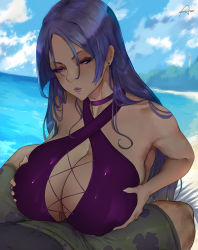 Rule 34 | 1boy, 1girl, araneesama, breasts, choker, cleavage, drawing, earrings, fate/grand order, fate (series), halterneck, head out of frame, implied paizuri, jewelry, large breasts, lips, lipstick, makeup, minamoto no raikou (fate), outdoors, paid reward available, patreon username, purple hair, shorts, water