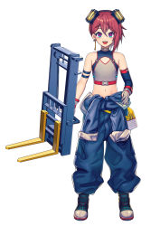 Rule 34 | 1girl, aqua footwear, armband, asymmetrical gloves, asymmetrical hair, bag, bare shoulders, blue jumpsuit, blush, boots, choker, cleavage cutout, clothing cutout, crop top, earrings, elbow gloves, fangs, female focus, flat chest, forklift, gloves, grey shirt, hand on own hip, happy, headgear, highres, holding, indie virtual youtuber, jewelry, jumpsuit, jumpsuit around waist, light blush, looking at viewer, midriff, nail polish, navel, okrihto tirto, okrihto tirto channel, open mouth, partially fingerless gloves, pink eyes, red hair, red nails, shirt, short hair, simple background, single earring, single elbow glove, sleeveless, sleeveless shirt, smile, solo, stomach, straight-on, teeth, uneven gloves, virtual youtuber, white background, yellow choker, yoruhachi