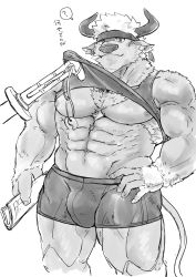 Rule 34 | 1boy, 1other, ?, abs, animal ears, armpit hair, bara, bare arms, bare shoulders, boxers, bulge, chest hair, clothes lift, cow boy, cow ears, cow horns, facial hair, feet out of frame, furry, furry male, goatee, greyscale, gumiten, hand on own hip, highres, horns, large pectorals, lifting another&#039;s clothes, male focus, male underwear, mint, monochrome, muscular, navel, newspaper, pectorals, shennong (housamo), shirt lift, short hair, sideburns, spoken question mark, sword, thick thighs, thighs, tokyo houkago summoners, underwear, weapon, white hair, wooden sword