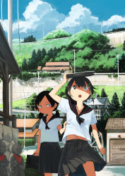 Rule 34 | 2girls, :o, absurdres, architecture, arm up, ascot, bag, bell, black ascot, black bag, black hair, black sailor collar, blush, bright pupils, brown eyes, closed mouth, clothes grab, cloud, commentary, covering head, day, east asian architecture, grey skirt, hair ornament, highres, hill, holding, holding bag, house, inami hatoko, jizou, looking at another, looking up, low twintails, midriff, multiple girls, navel, open mouth, original, outdoors, parted bangs, pleated skirt, power lines, road, sailor collar, sanpaku, scenery, school bag, school uniform, serafuku, shade, shirt, shirt tug, short hair, short sleeves, skirt, sky, street, teeth, tower, town, translation request, tree, twintails, upper teeth only, utility pole, white pupils, white shirt, wind, x hair ornament