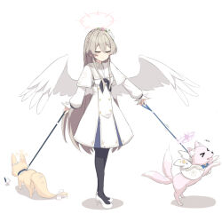 Rule 34 | 1girl, angel wings, black neckerchief, black pantyhose, blue archive, blush, closed eyes, closed mouth, dog, dress, flower, full body, hair flower, hair ornament, high heels, holding, holding leash, leash, light brown hair, long hair, mika (blue archive), nagisa (blue archive), neckerchief, o (rakkasei), pantyhose, seia (blue archive), simple background, smile, standing, white background, white dress, white footwear, wings