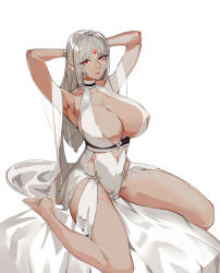 Rule 34 | 1girl, absurdres, armpits, arms behind head, azur lane, bare shoulders, body markings, breasts, center opening, cocktail dress, dark-skinned female, dark skin, dress, facial mark, forehead mark, full body, halter dress, halterneck, head dog, high-waist sideboob, highres, huge breasts, looking at viewer, massachusetts (azur lane), massachusetts (dressed to impress) (azur lane), native american, red eyes, simple background, solo, white dress, white hair