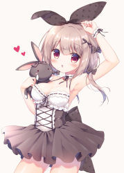 Rule 34 | 1girl, animal, arm up, armpits, back bow, bare arms, bare shoulders, blush, bow, breasts, brown background, brown bow, brown dress, brown hair, brown ribbon, cleavage, commentary request, cowboy shot, dress, fingernails, hair between eyes, hair bow, hair ribbon, heart, highres, long hair, low twintails, medium breasts, miyasaka naco, original, parted lips, pleated dress, rabbit, red eyes, ribbon, ribbon-trimmed dress, ribbon trim, simple background, single wrist cuff, sleeveless, sleeveless dress, solo, twintails, wrist cuffs