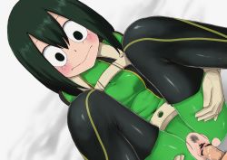 Rule 34 | 10s, 1boy, 1girl, :&gt;, asui tsuyu, bar censor, beige gloves, black eyes, black thighhighs, blush, bodysuit, boku no hero academia, breasts, censored, clitoris, closed mouth, erection, green hair, hair between eyes, hetero, leg lift, looking at another, lying, male pubic hair, medium breasts, meronshiroppu, missionary, on back, penis, pointless censoring, pubic hair, pussy, sex, solo focus, thighhighs, torn bodysuit, torn clothes, vaginal