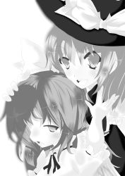 Rule 34 | 2girls, absurdres, annoyed, bow, female focus, greyscale, hair bow, hair ribbon, hat, hat ribbon, highres, looking up, mai (touhou), monochrome, multiple girls, mystic square, open mouth, profile, psan, ribbon, short hair, short sleeves, simple background, touhou, touhou (pc-98), witch, yuki (touhou)