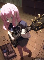 Rule 34 | 1girl, absurdres, artist name, black shirt, bocchi the rock!, brown footwear, closed mouth, collarbone, commentary, cube hair ornament, electric guitar, english commentary, expressionless, foot out of frame, foreshortening, gibson les paul, gotoh hitori, green eyes, guitar, hair ornament, half-closed eyes, hands up, highres, holding, holding instrument, indoors, instrument, jitome, light particles, loafers, long hair, mayushuuu, music, pants, pants under skirt, pink hair, pink pants, playing instrument, shirt, shoes, short sleeves, sidelocks, signature, solo, standing, t-shirt, track pants, wooden floor